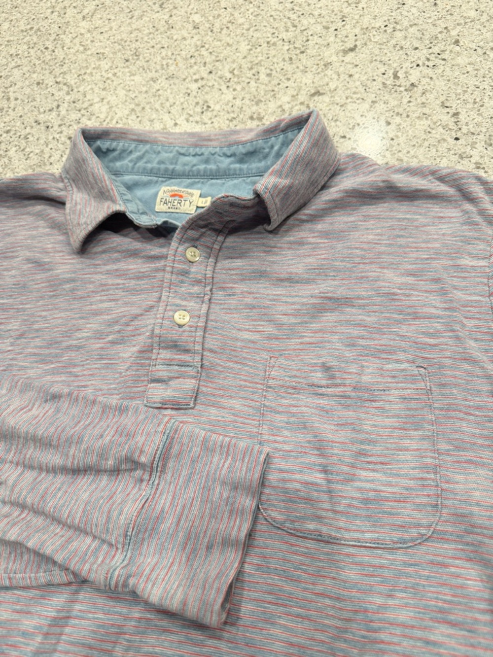 Faherty Soft Heathered Striped Long Sleeve Polo — Light Blue & Red Mens Large